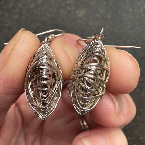 MILOR Italy Sterling Silver 925 Wire Mesh Dangle Earrings Vintage Round Puffy - Picture 4 of 10